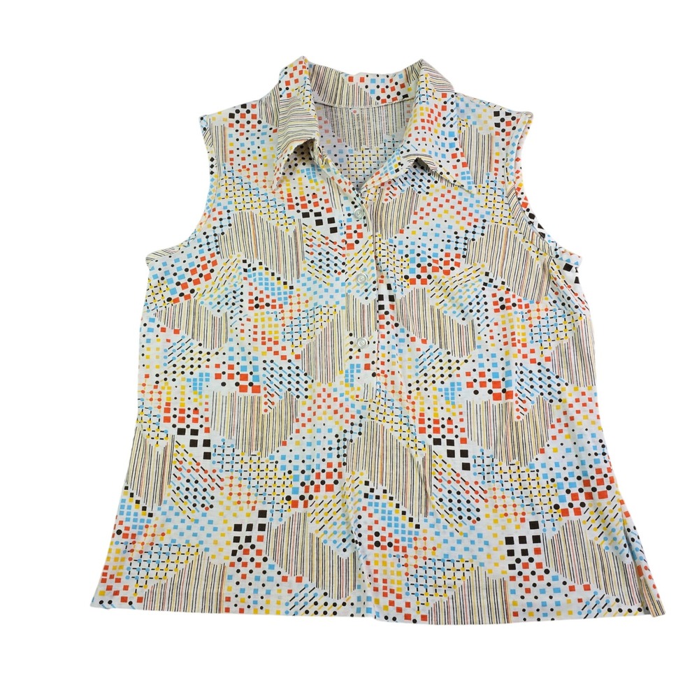 Vintage 70s Sleeveless Top Women XL Multicolor Geometric Abstract Mod 1/2 Button